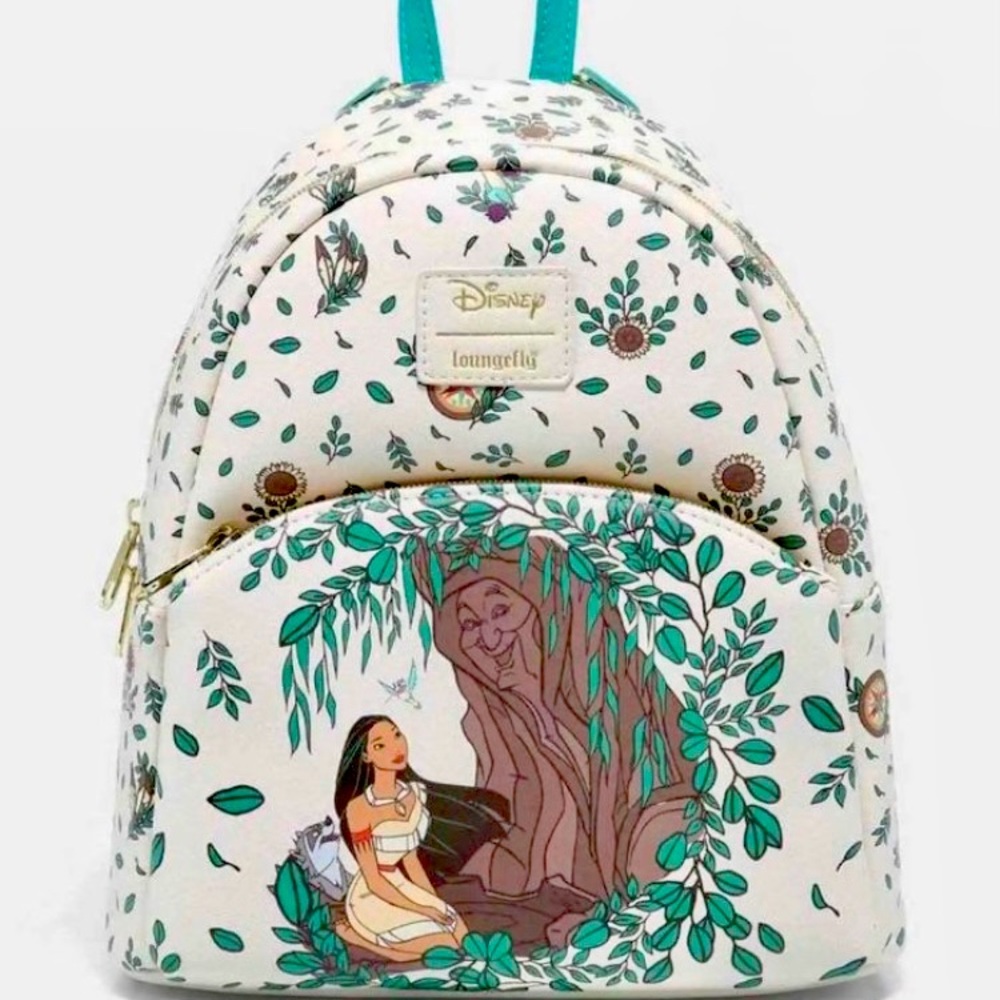 Loungefly mini backpack,with Pocahontas, sitting at the feet of grandmother tree